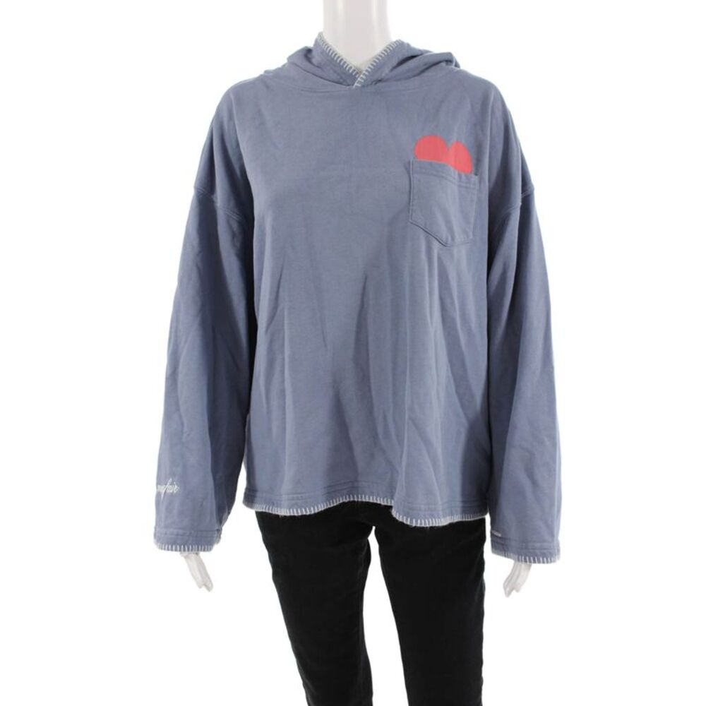 Designer Women Pullover Hoodie Blue Graphic Dog Long Sleeve Size S